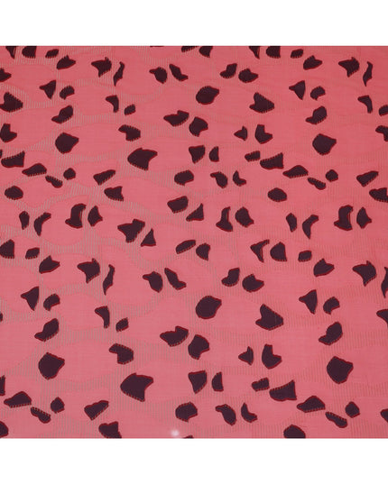 Coral Red Abstract Animal Print Metallic Lurex Design Premium French Silk Chiffon Fabric, 110 Cms Width, Made in France-D25734