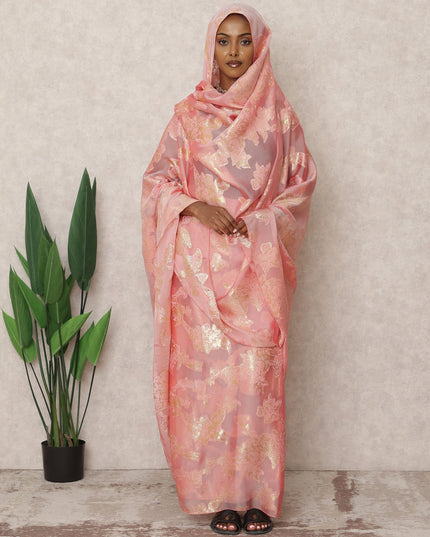 ثوب فرنسي من الحرير الشيفون باللون الوردي الخوخي مع تطريز لوركس معدني، طول 4.5 متر، عرض 110 سم، فرنسا-D24399