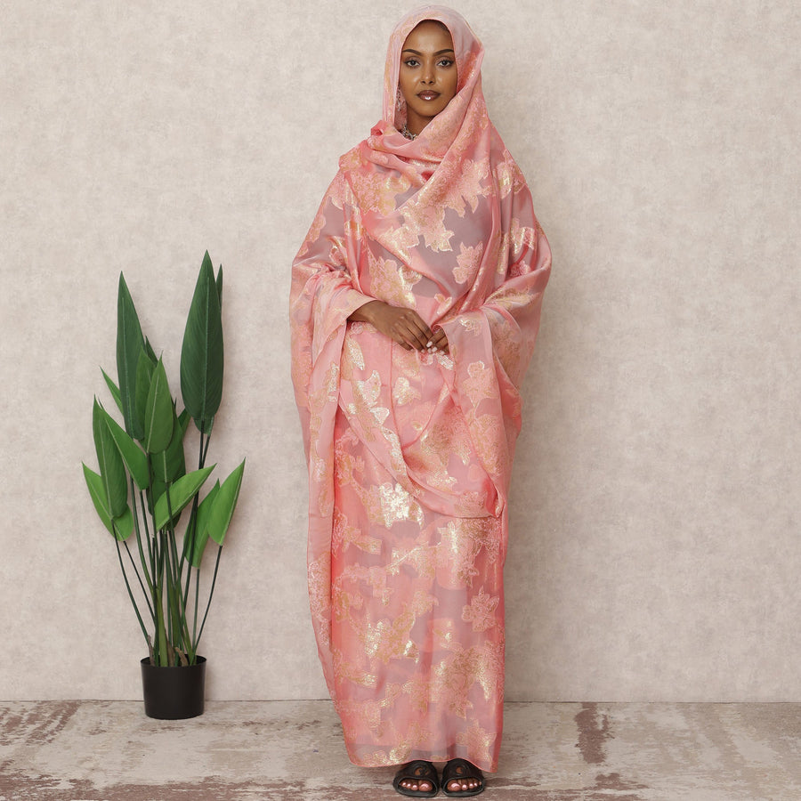 ثوب فرنسي من الحرير الشيفون باللون الوردي الخوخي مع تطريز لوركس معدني، طول 4.5 متر، عرض 110 سم، فرنسا-D24399