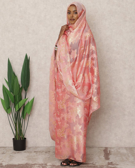 ثوب فرنسي من الحرير الشيفون باللون الوردي الخوخي مع تطريز لوركس معدني، طول 4.5 متر، عرض 110 سم، فرنسا-D24399