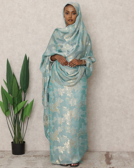 ثوب فرنسي من الشيفون الحريري باللون الأزرق المائي مع تطريز لوركس معدني، طول 4.5 متر، عرض 110 سم، فرنسا-D24390