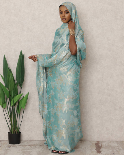 ثوب فرنسي من الشيفون الحريري باللون الأزرق المائي مع تطريز لوركس معدني، طول 4.5 متر، عرض 110 سم، فرنسا-D24390