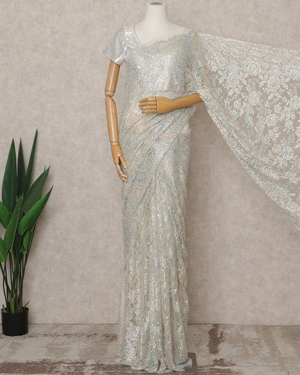 Iridescent White Premium French Metallic Chantilly Lace Saree with Stone Work, Width 110 Cms, 5.5 Mtrs, France-D25572