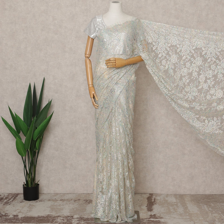 Iridescent White Premium French Metallic Chantilly Lace Saree with Stone Work, Width 110 Cms, 5.5 Mtrs, France-D25572