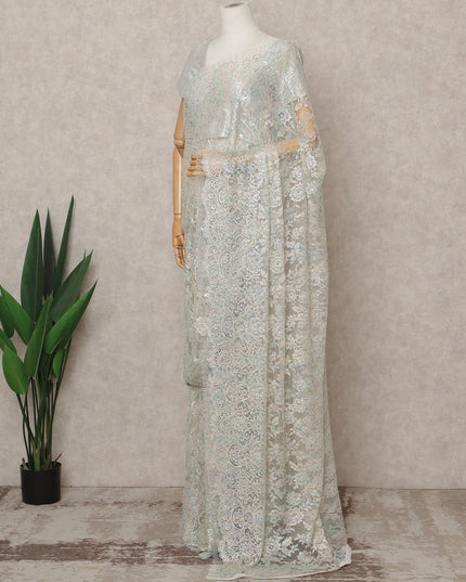 Iridescent White Premium French Metallic Chantilly Lace Saree with Stone Work, Width 110 Cms, 5.5 Mtrs, France-D25572