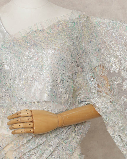 Iridescent White Premium French Metallic Chantilly Lace Saree with Stone Work, Width 110 Cms, 5.5 Mtrs, France-D25572