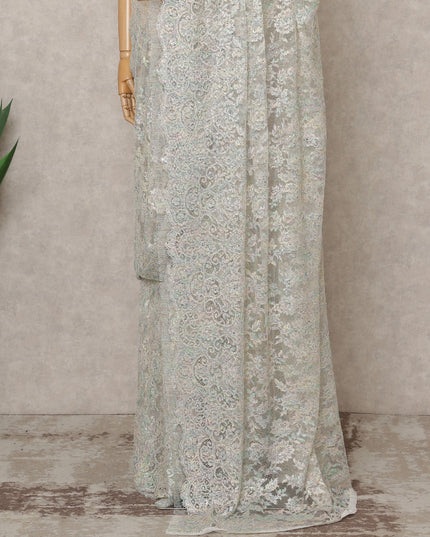 Iridescent White Premium French Metallic Chantilly Lace Saree with Stone Work, Width 110 Cms, 5.5 Mtrs, France-D25572