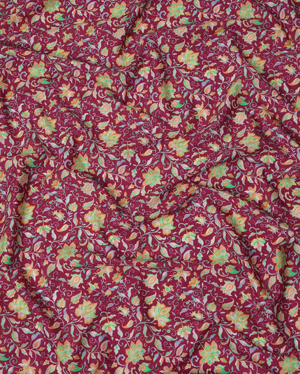 Burgundy Pink Floral Vine Printed Premium Spanish 100% Cotton Voile Fabric Soft Lightweight Breathable Apparel Craft Textile 150 Cms Wide, Made in Spain-D27495