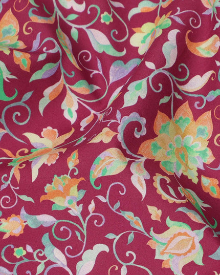 Burgundy Pink Floral Vine Printed Premium Spanish 100% Cotton Voile Fabric Soft Lightweight Breathable Apparel Craft Textile 150 Cms Wide, Made in Spain-D27495
