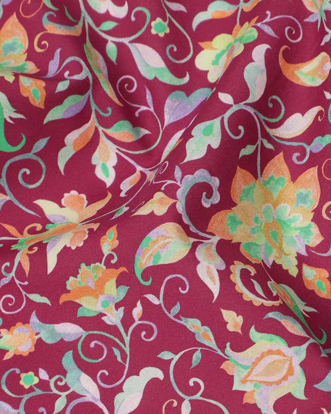 Burgundy Pink Floral Vine Printed Premium Spanish 100% Cotton Voile Fabric Soft Lightweight Breathable Apparel Craft Textile 150 Cms Wide, Made in Spain-D27495