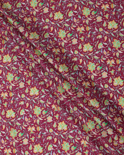 Burgundy Pink Floral Vine Printed Premium Spanish 100% Cotton Voile Fabric Soft Lightweight Breathable Apparel Craft Textile 150 Cms Wide, Made in Spain-D27495