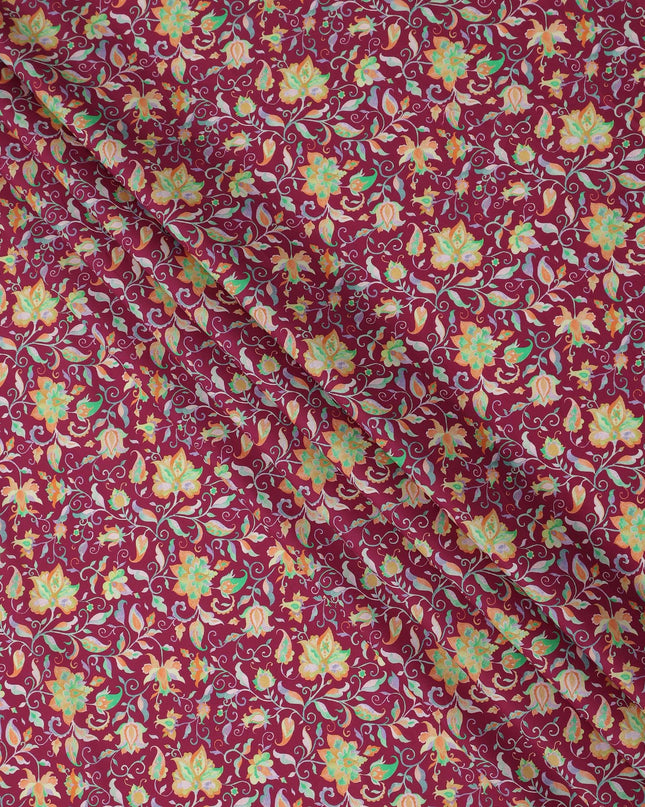 Burgundy Pink Floral Vine Printed Premium Spanish 100% Cotton Voile Fabric Soft Lightweight Breathable Apparel Craft Textile 150 Cms Wide, Made in Spain-D27495
