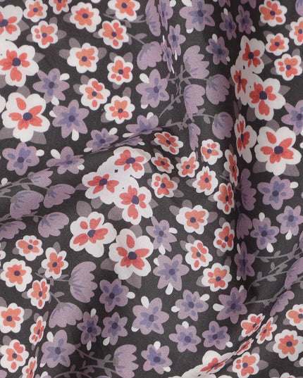 Charcoal Grey Floral Printed Premium Spanish 100% Cotton Voile Fabric Soft Lightweight Breathable Apparel Craft Textile 150 Cms Wide, Made in Spain-D27498