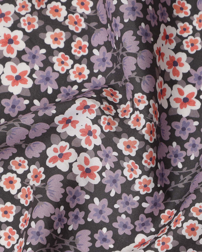 Charcoal Grey Floral Printed Premium Spanish 100% Cotton Voile Fabric Soft Lightweight Breathable Apparel Craft Textile 150 Cms Wide, Made in Spain-D27498