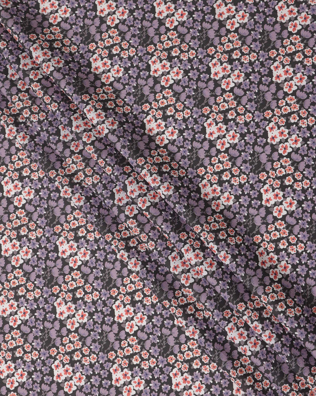 Charcoal Grey Floral Printed Premium Spanish 100% Cotton Voile Fabric Soft Lightweight Breathable Apparel Craft Textile 150 Cms Wide, Made in Spain-D27498