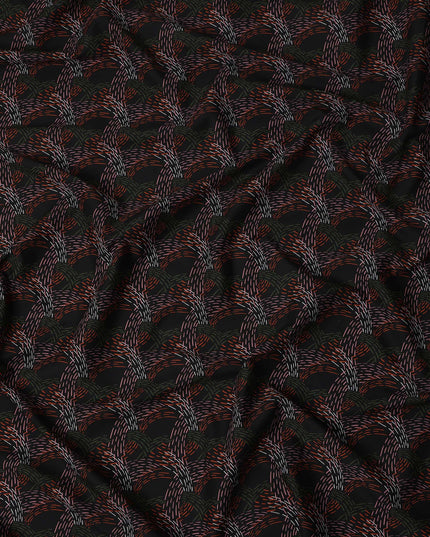 Black Abstract Stitched Printed Premium Spanish 100% Cotton Voile Fabric Soft Lightweight Breathable Apparel Craft Textile 150 Cms Wide, Made in Spain-D27507