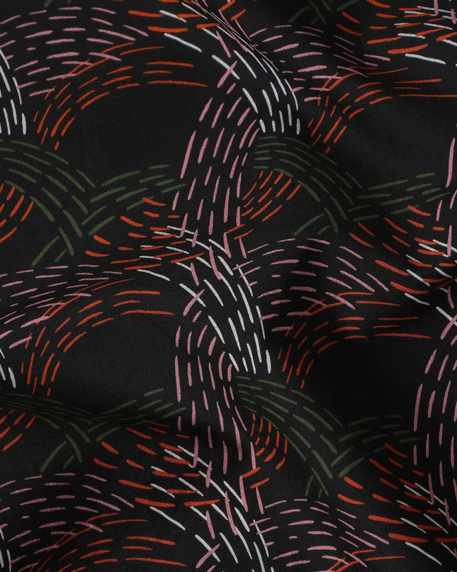 Black Abstract Stitched Printed Premium Spanish 100% Cotton Voile Fabric Soft Lightweight Breathable Apparel Craft Textile 150 Cms Wide, Made in Spain-D27507