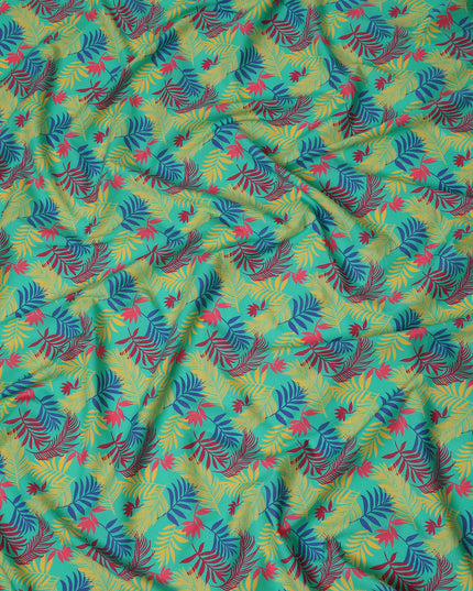 Turquoise Green Tropical Leaf Printed Premium Spanish 100% Cotton Voile Fabric Soft Lightweight Breathable Apparel Craft Textile 150 Cms Wide, Made in Spain-D27502