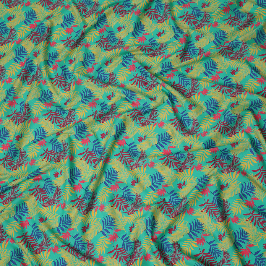 Turquoise Green Tropical Leaf Printed Premium Spanish 100% Cotton Voile Fabric Soft Lightweight Breathable Apparel Craft Textile 150 Cms Wide, Made in Spain-D27502