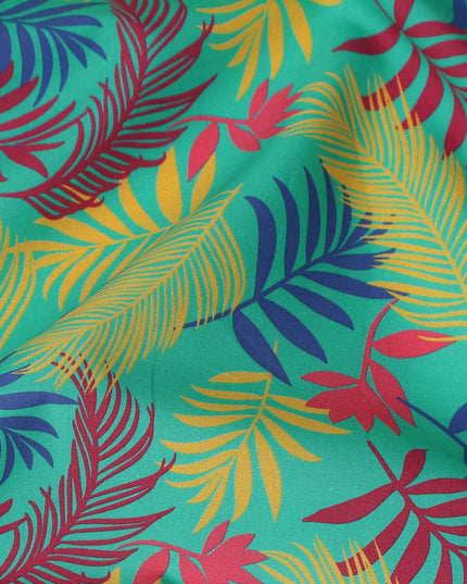 Turquoise Green Tropical Leaf Printed Premium Spanish 100% Cotton Voile Fabric Soft Lightweight Breathable Apparel Craft Textile 150 Cms Wide, Made in Spain-D27502