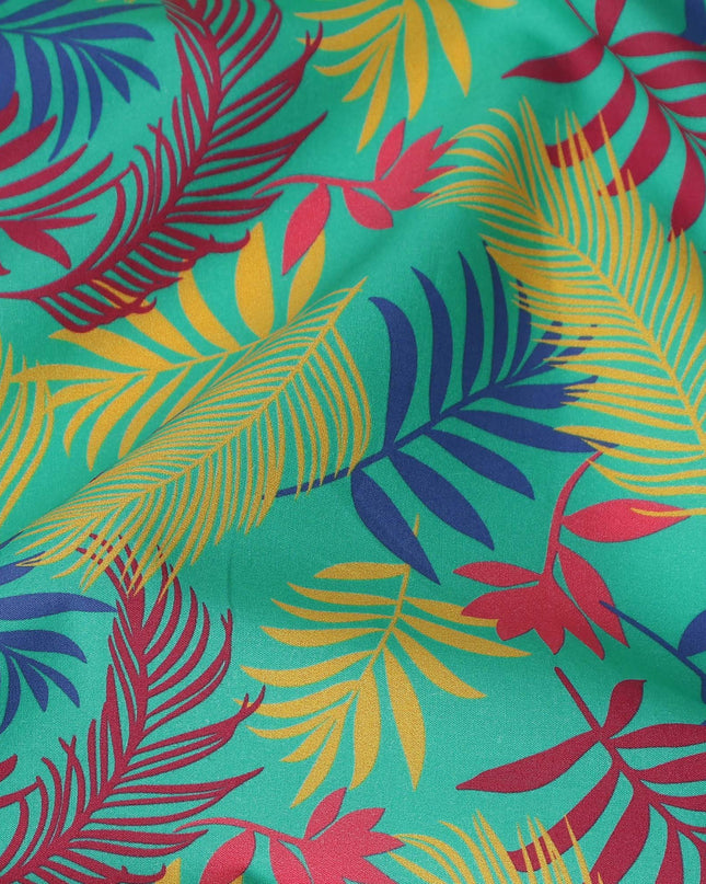 Turquoise Green Tropical Leaf Printed Premium Spanish 100% Cotton Voile Fabric Soft Lightweight Breathable Apparel Craft Textile 150 Cms Wide, Made in Spain-D27502