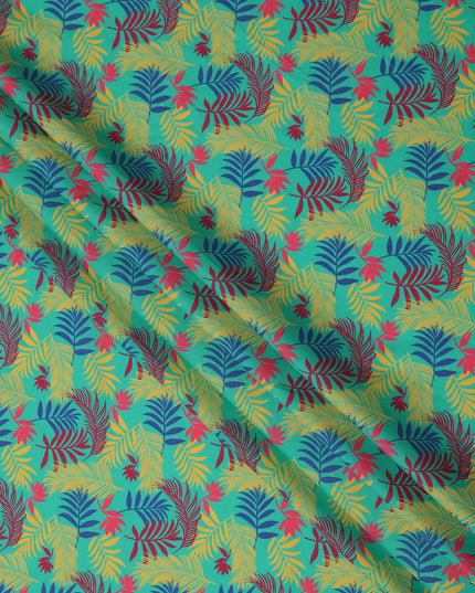 Turquoise Green Tropical Leaf Printed Premium Spanish 100% Cotton Voile Fabric Soft Lightweight Breathable Apparel Craft Textile 150 Cms Wide, Made in Spain-D27502