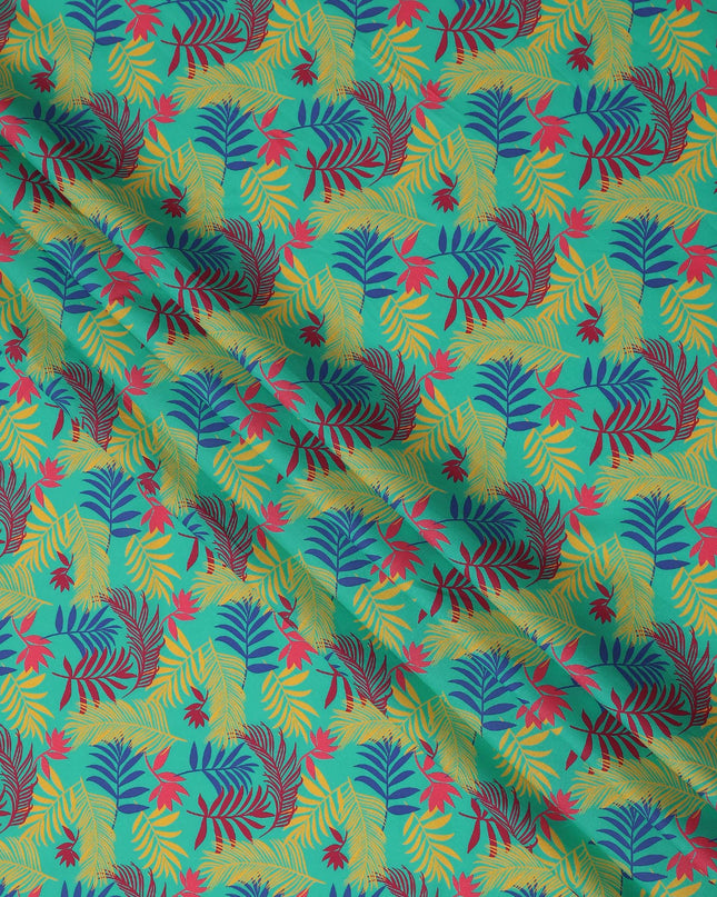 Turquoise Green Tropical Leaf Printed Premium Spanish 100% Cotton Voile Fabric Soft Lightweight Breathable Apparel Craft Textile 150 Cms Wide, Made in Spain-D27502