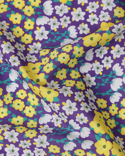Purple Floral Printed Premium Spanish 100% Cotton Voile Fabric Soft Lightweight Breathable Apparel Craft Textile 150 Cms Wide, Made in Spain-D27496