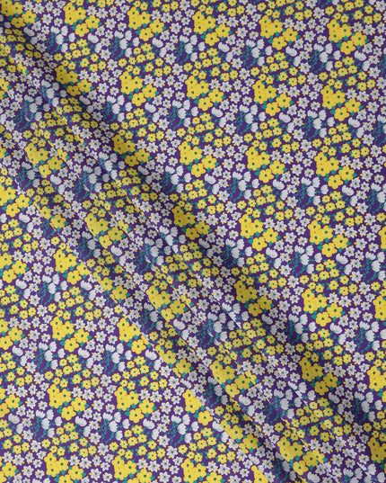 Purple Floral Printed Premium Spanish 100% Cotton Voile Fabric Soft Lightweight Breathable Apparel Craft Textile 150 Cms Wide, Made in Spain-D27496