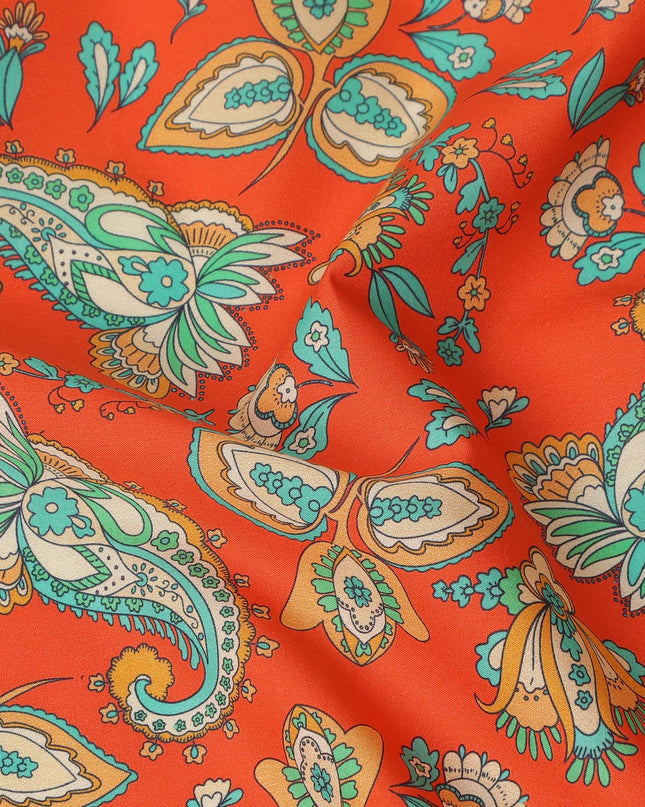 Red Paisley Floral Printed Premium Spanish 100% Cotton Voile Fabric Soft Lightweight Breathable Apparel Craft Textile 150 Cms Wide, Made in Spain-D27508