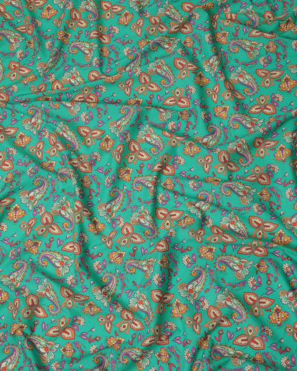 Teal Green Paisley Floral Printed Premium Spanish 100% Cotton Voile Fabric Soft Lightweight Breathable Apparel Craft Textile 150 Cms Wide, Made in Spain-D27509