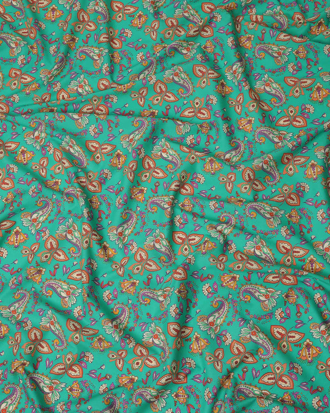 Teal Green Paisley Floral Printed Premium Spanish 100% Cotton Voile Fabric Soft Lightweight Breathable Apparel Craft Textile 150 Cms Wide, Made in Spain-D27509