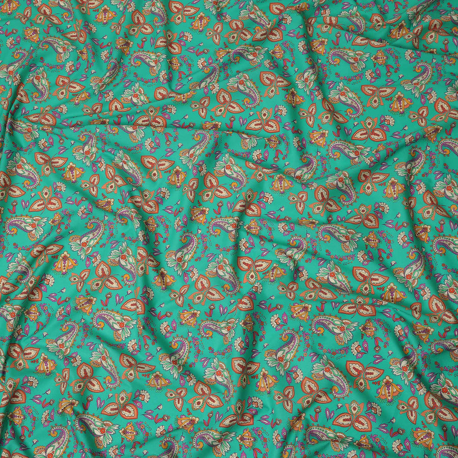 Teal Green Paisley Floral Printed Premium Spanish 100% Cotton Voile Fabric Soft Lightweight Breathable Apparel Craft Textile 150 Cms Wide, Made in Spain-D27509