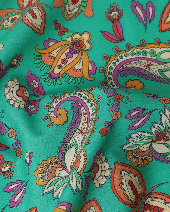Teal Green Paisley Floral Printed Premium Spanish 100% Cotton Voile Fabric Soft Lightweight Breathable Apparel Craft Textile 150 Cms Wide, Made in Spain-D27509