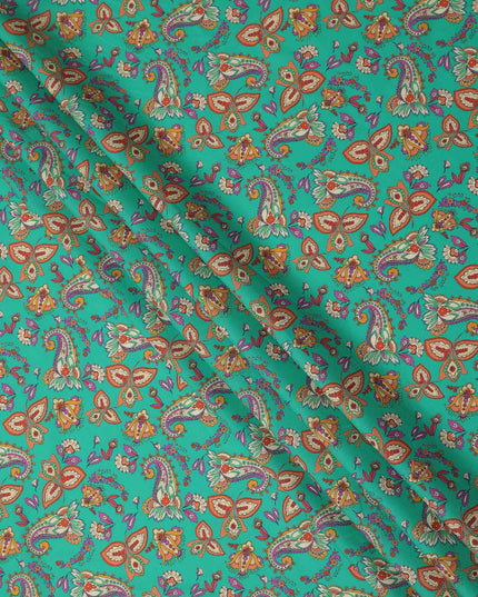 Teal Green Paisley Floral Printed Premium Spanish 100% Cotton Voile Fabric Soft Lightweight Breathable Apparel Craft Textile 150 Cms Wide, Made in Spain-D27509
