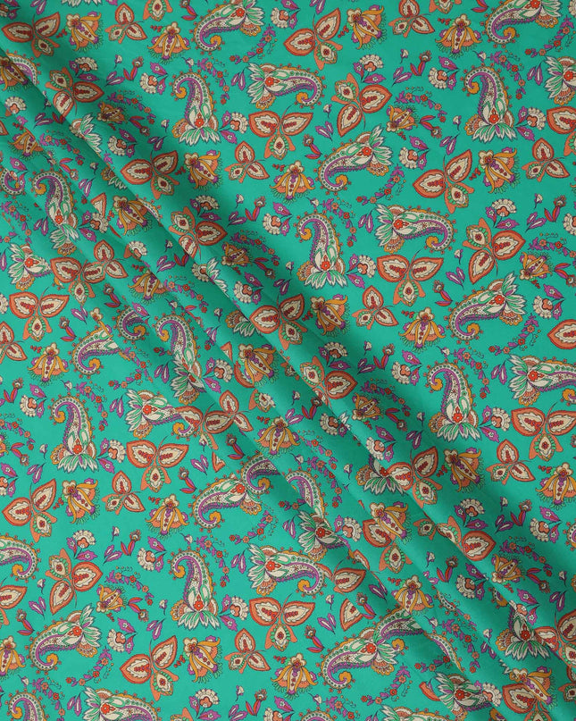 Teal Green Paisley Floral Printed Premium Spanish 100% Cotton Voile Fabric Soft Lightweight Breathable Apparel Craft Textile 150 Cms Wide, Made in Spain-D27509