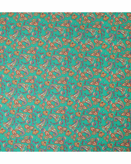 Teal Green Paisley Floral Printed Premium Spanish 100% Cotton Voile Fabric Soft Lightweight Breathable Apparel Craft Textile 150 Cms Wide, Made in Spain-D27509