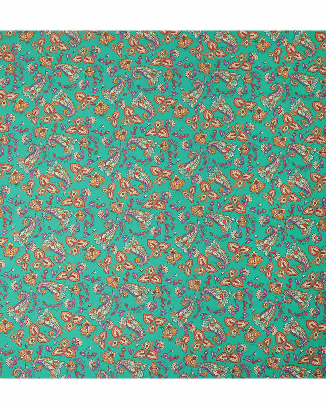 Teal Green Paisley Floral Printed Premium Spanish 100% Cotton Voile Fabric Soft Lightweight Breathable Apparel Craft Textile 150 Cms Wide, Made in Spain-D27509