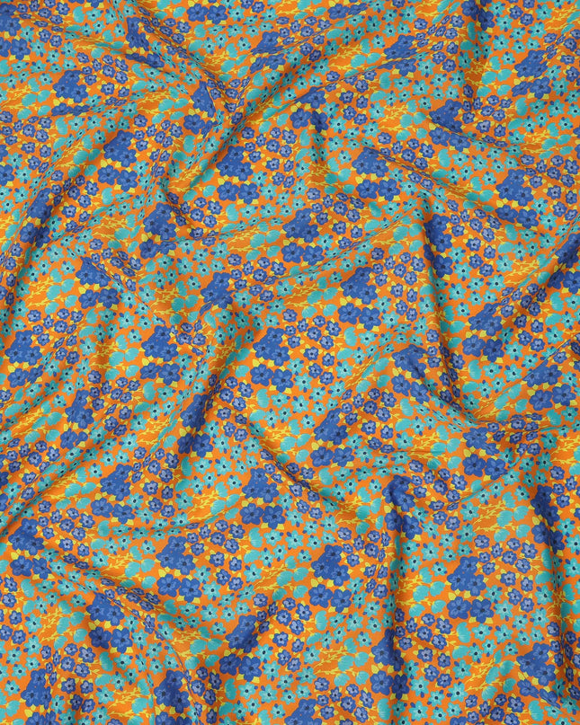 Orange Floral Printed Premium Spanish 100% Cotton Voile Fabric Soft Lightweight Breathable Apparel Craft Textile 150 Cms Wide, Made in Spain-D27497