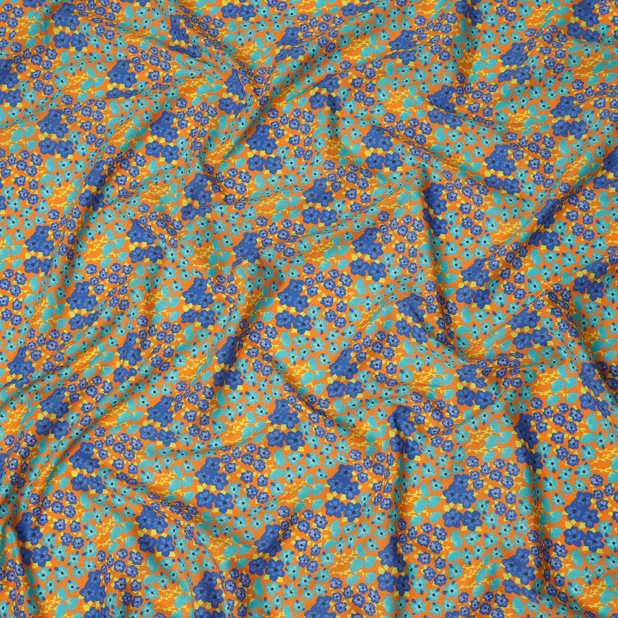 Orange Floral Printed Premium Spanish 100% Cotton Voile Fabric Soft Lightweight Breathable Apparel Craft Textile 150 Cms Wide, Made in Spain-D27497