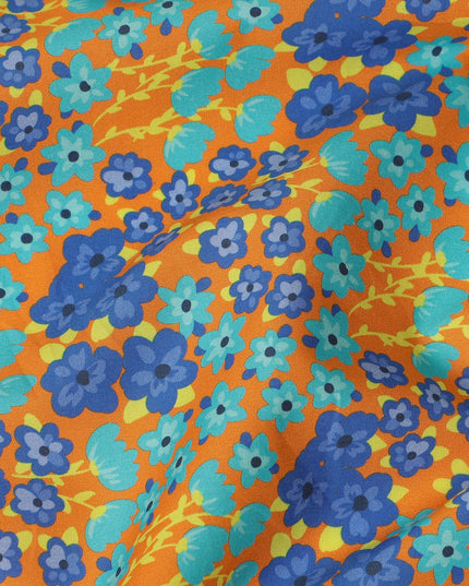 Orange Floral Printed Premium Spanish 100% Cotton Voile Fabric Soft Lightweight Breathable Apparel Craft Textile 150 Cms Wide, Made in Spain-D27497