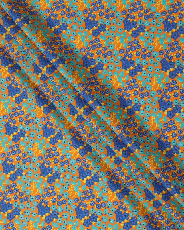 Orange Floral Printed Premium Spanish 100% Cotton Voile Fabric Soft Lightweight Breathable Apparel Craft Textile 150 Cms Wide, Made in Spain-D27497