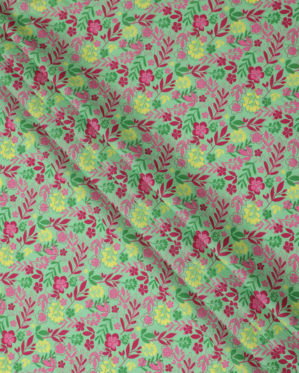 Mint Green Floral Botanical Printed Premium Spanish 100% Cotton Voile Fabric Soft Lightweight Breathable Apparel Craft Textile 150 Cms Wide, Made in Spain-D27501