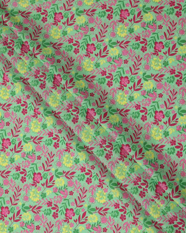 Mint Green Floral Botanical Printed Premium Spanish 100% Cotton Voile Fabric Soft Lightweight Breathable Apparel Craft Textile 150 Cms Wide, Made in Spain-D27501