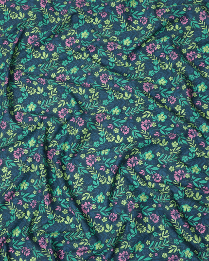 Teal Blue Floral Botanical Printed Premium Spanish 100% Cotton Voile Fabric Soft Lightweight Breathable Apparel Craft Textile 150 Cms Wide, Made in Spain-D27499