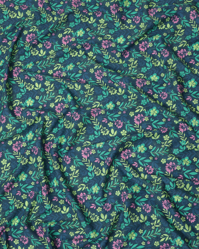 Teal Blue Floral Botanical Printed Premium Spanish 100% Cotton Voile Fabric Soft Lightweight Breathable Apparel Craft Textile 150 Cms Wide, Made in Spain-D27499