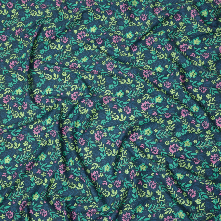 Teal Blue Floral Botanical Printed Premium Spanish 100% Cotton Voile Fabric Soft Lightweight Breathable Apparel Craft Textile 150 Cms Wide, Made in Spain-D27499