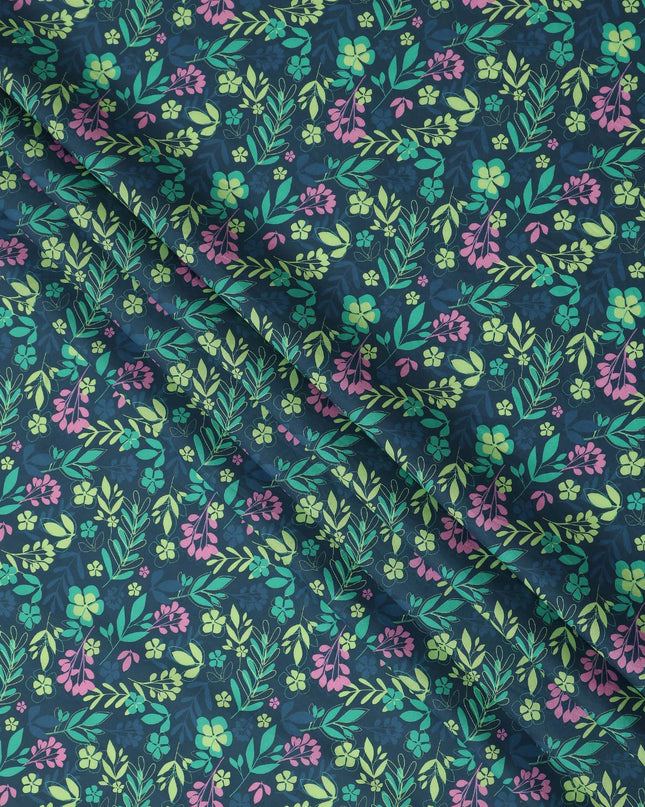 Teal Blue Floral Botanical Printed Premium Spanish 100% Cotton Voile Fabric Soft Lightweight Breathable Apparel Craft Textile 150 Cms Wide, Made in Spain-D27499