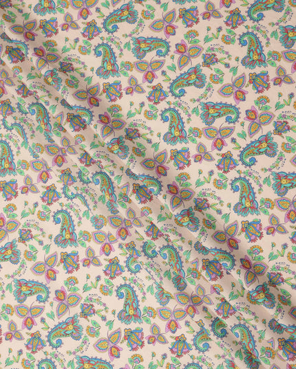 Light Peach Paisley Floral Printed Premium Spanish 100% Cotton Voile Fabric Soft Lightweight Breathable Apparel Craft Textile 150 Cms Wide, Made in Spain-D27510