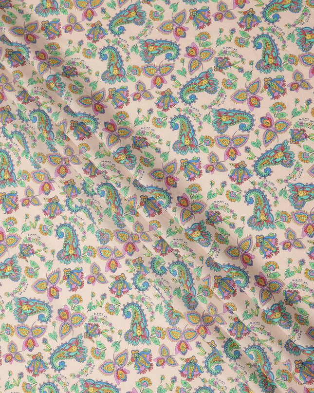 Light Peach Paisley Floral Printed Premium Spanish 100% Cotton Voile Fabric Soft Lightweight Breathable Apparel Craft Textile 150 Cms Wide, Made in Spain-D27510